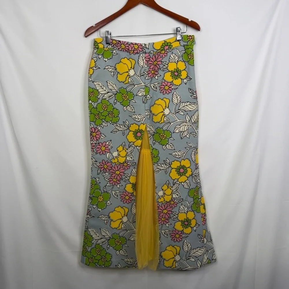 Tory Burch Upcycled Floral Maxi Skirt with Yellow Tulle Godet Slit Size 4